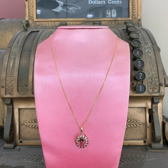 Pink Tourmaline & Diamond 14K YG SUNBURST Pendant w/ 18” Chain - Picture 2 of 10